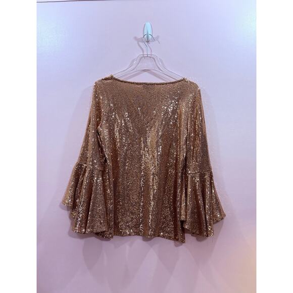 MSK Women's Rose Gold Sequin Boat-Neck Bell-Sleeve Blouse Top - Picture 6 of 7